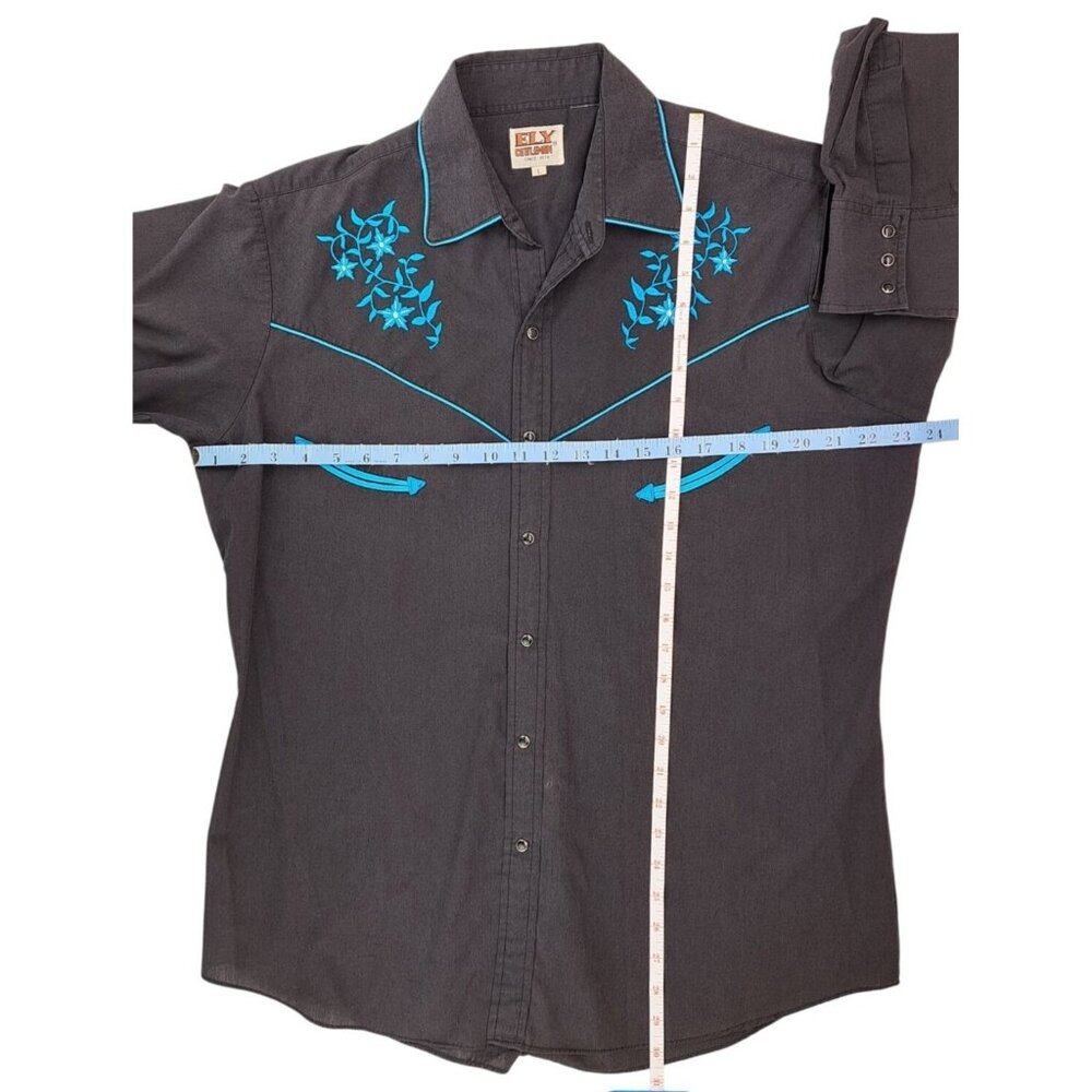 Vintage Ely Cattleman Western Shirt Pearl Snap Men Large Black Blue Embroidered - Picture 8 of 9